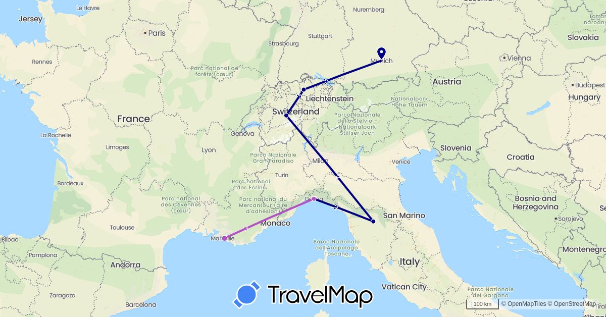 TravelMap itinerary: driving, train in Switzerland, Germany, France, Italy (Europe)